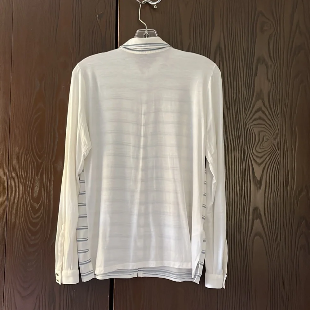 Ann Taylor long sleeved blouse. White with blue stripes and metal buttons. Sm